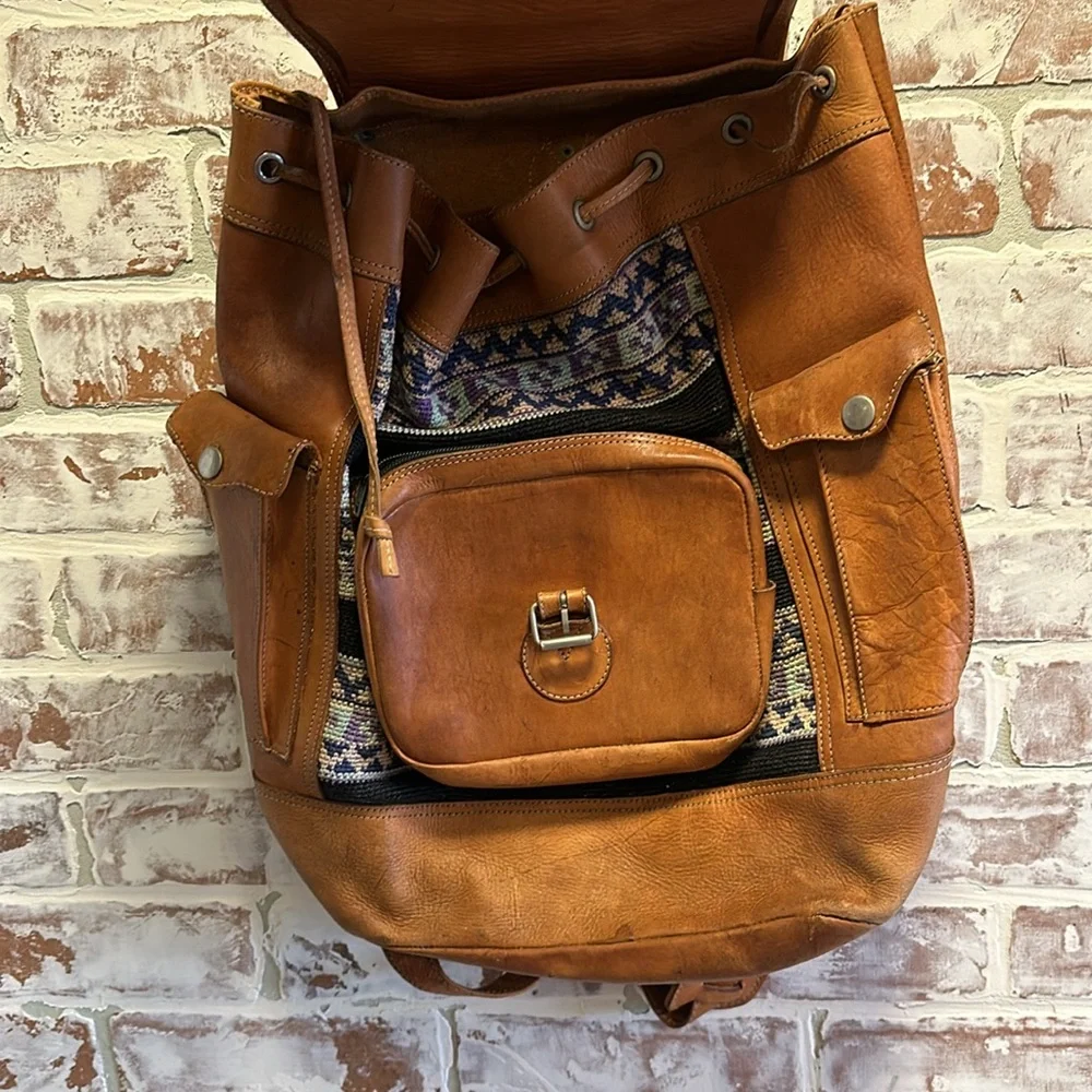 Classic Cognac Leather Backpack with Front Buckle Pocket